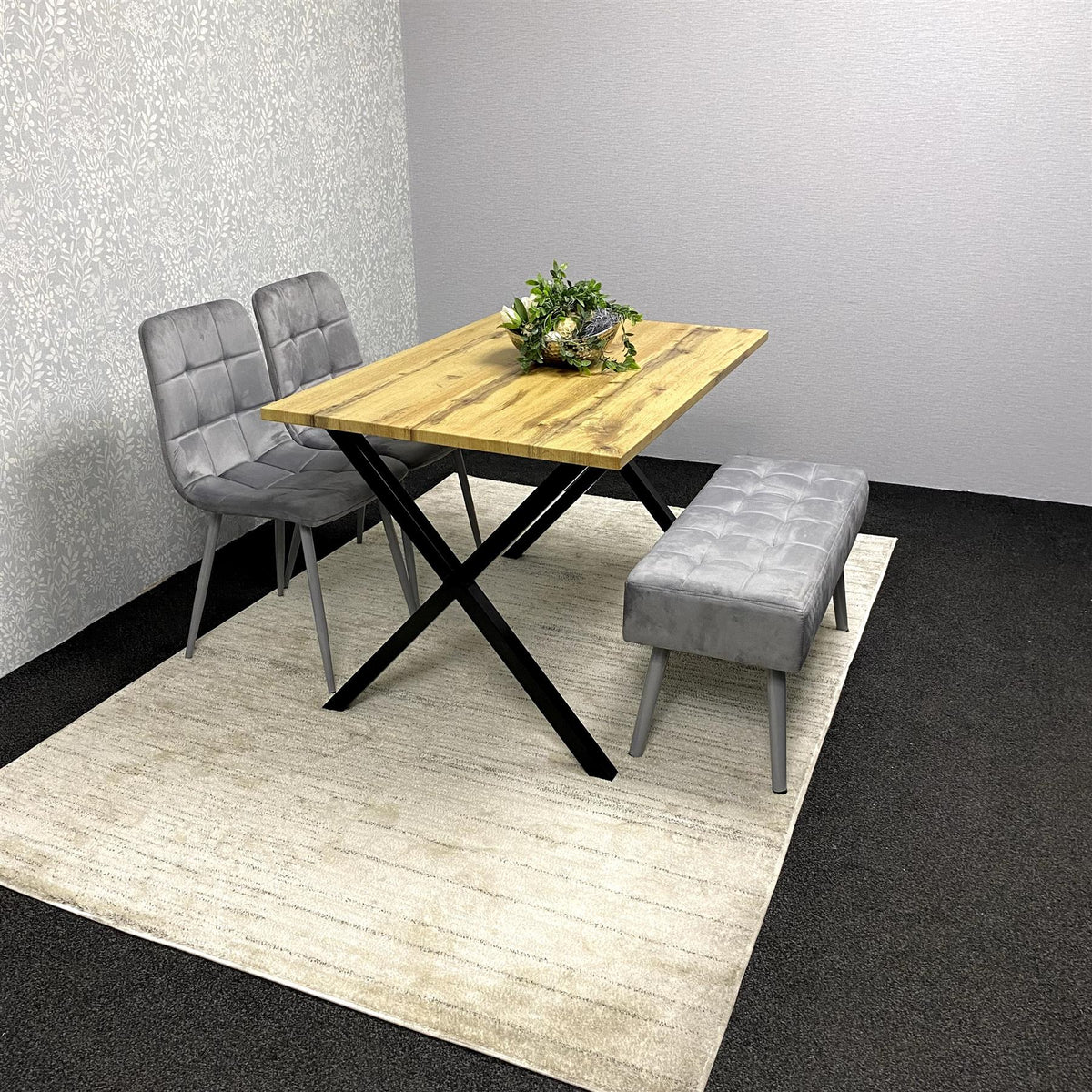 Modern Dining Table Set with Padded Bench and 2 Grey Velvet Chairs – Wood Effect Tabletop with X-Shaped Metal Legs – Stylish Kitchen or Dining Room Furniture