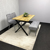 Modern Dining Table Set with Padded Bench and 2 Grey Velvet Chairs – Wood Effect Tabletop with X-Shaped Metal Legs – Stylish Kitchen or Dining Room Furniture