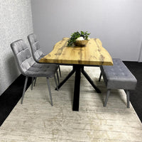 Wood Dining Set with Tufted Velvet Chairs & Grey Velvet Bench
