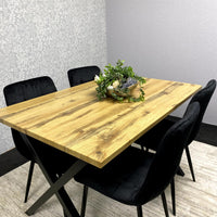 Modern Dining Table Set with 4 Black Velvet Chairs – Wood Effect Tabletop with X-Shaped Metal Legs – Stylish Kitchen or Dining Room Furniture