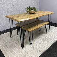Wooden Dining Table and 2 Benches Set With Metal Hairpin Legs for Dining Room, Work, or Study