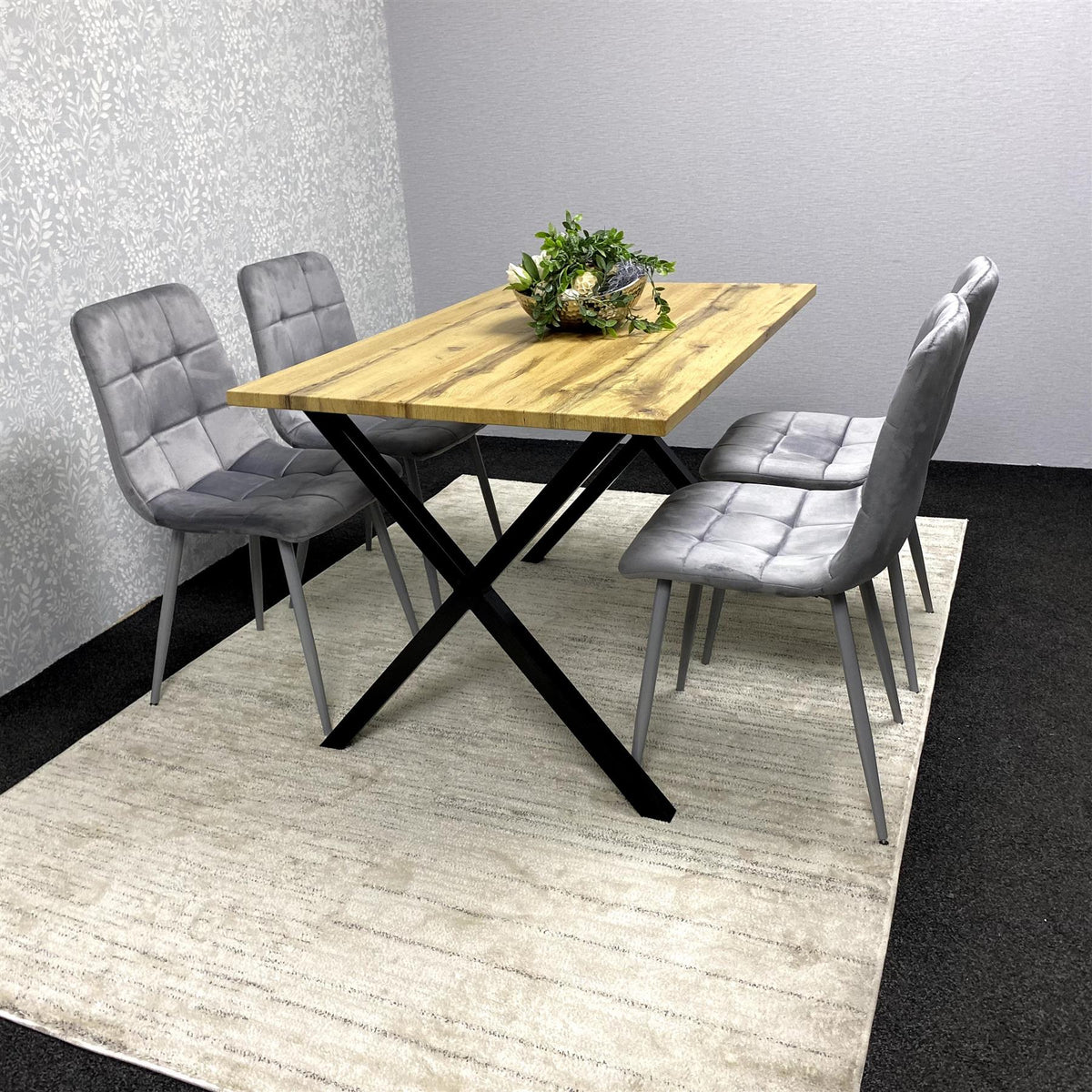 Modern Dining Table Set with  4 Grey Velvet Chairs – Wood Effect Tabletop with X-Shaped Metal Legs – Stylish Kitchen or Dining Room Furniture