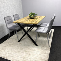 Modern Dining Table Set with  4 Grey Velvet Chairs – Wood Effect Tabletop with X-Shaped Metal Legs – Stylish Kitchen or Dining Room Furniture