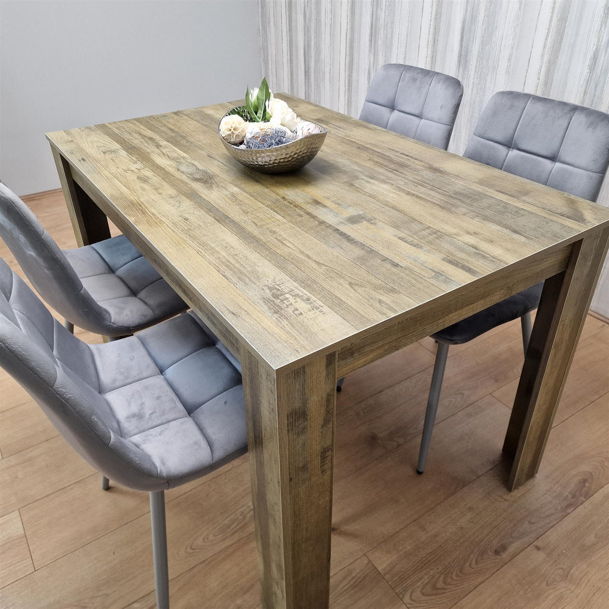 Dining Table and 4 Chairs Rustic Effect Wood Table 4 Grey Velvet Chairs Dining Room