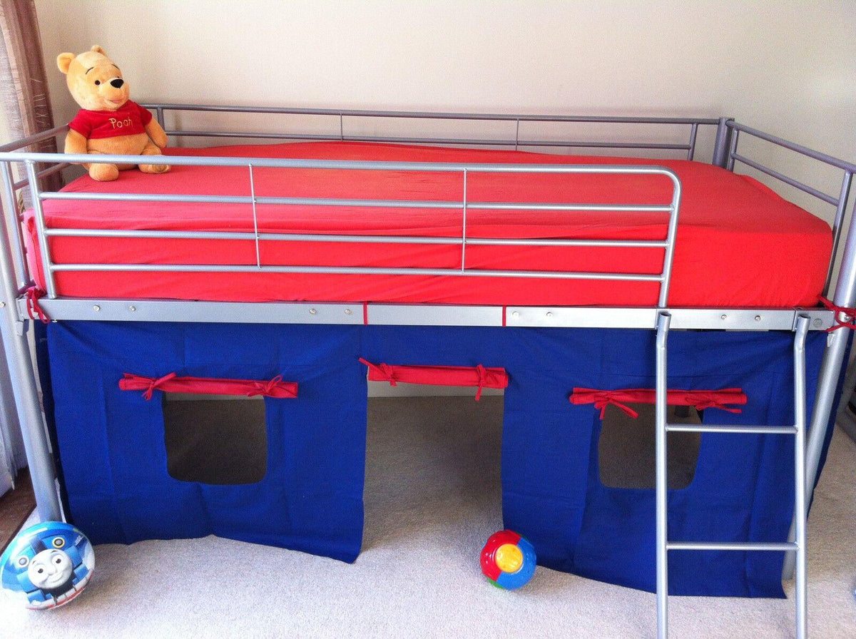 Mid Sleeper Grey Bed 3ft Single with Blue Red Tent for Kids - Metal Durable, and Customizable for Kids