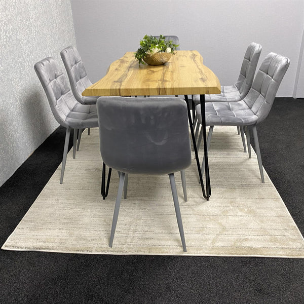 Wooden Dining Table and 6 Grey Velvet Chairs - Stylish Dining Room Furniture