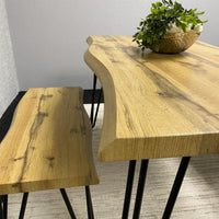 Wooden Dining Table and 2 Benches Set With Metal Hairpin Legs for Dining Room, Work, or Study