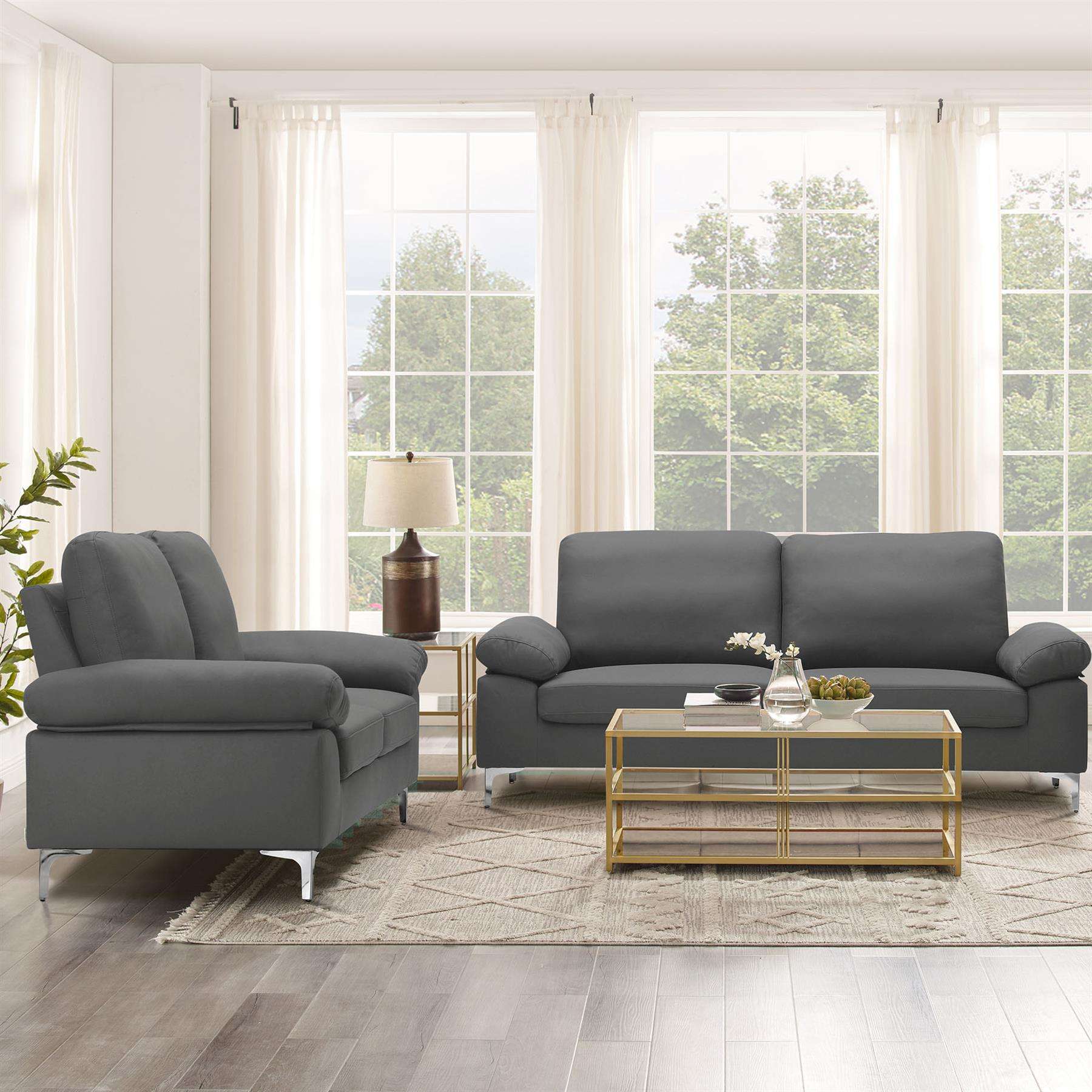 Modern Grey Sofa 3 2 Seater Set Fabric with Chrome Feet - Comfortable Couch with Cushion for Living Room, Bedroom or Office
