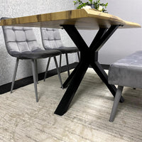 Wood Dining Set with Tufted Velvet Chairs & Grey Velvet Bench