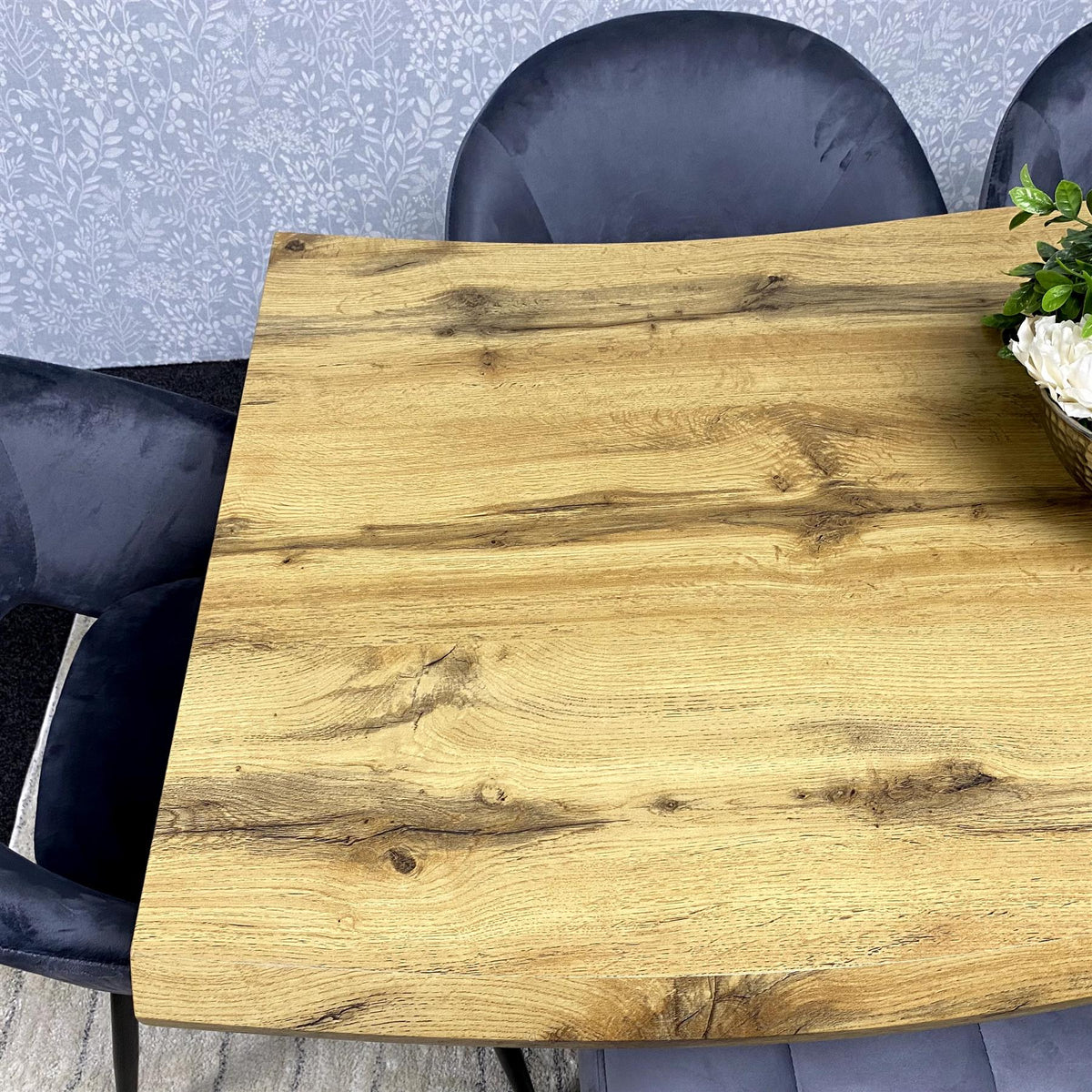 MDF Dining Set with Grey Velvet Chairs & Tufted Velvet Bench