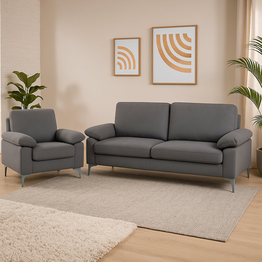 Modern Grey Sofa 3  1 Seater Set Fabric with Chrome Feet - Comfortable Couch with Cushion for Living Room, Bedroom or Office