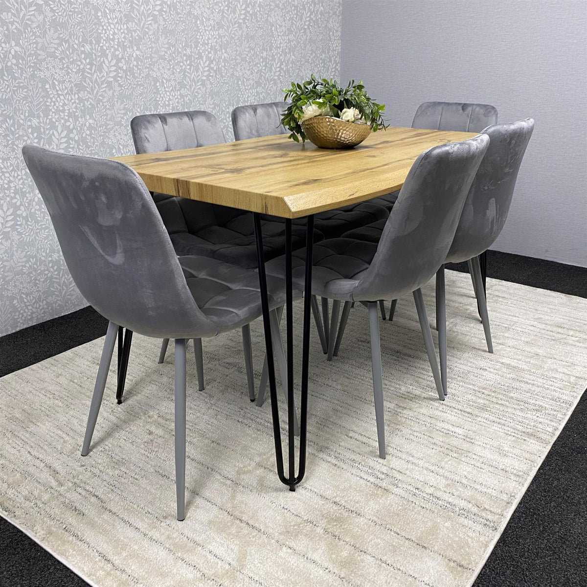 Wooden Dining Table and 6 Grey Velvet Chairs - Stylish Dining Room Furniture