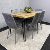 Wooden Dining Table and 6 Grey Velvet Chairs - Stylish Dining Room Furniture