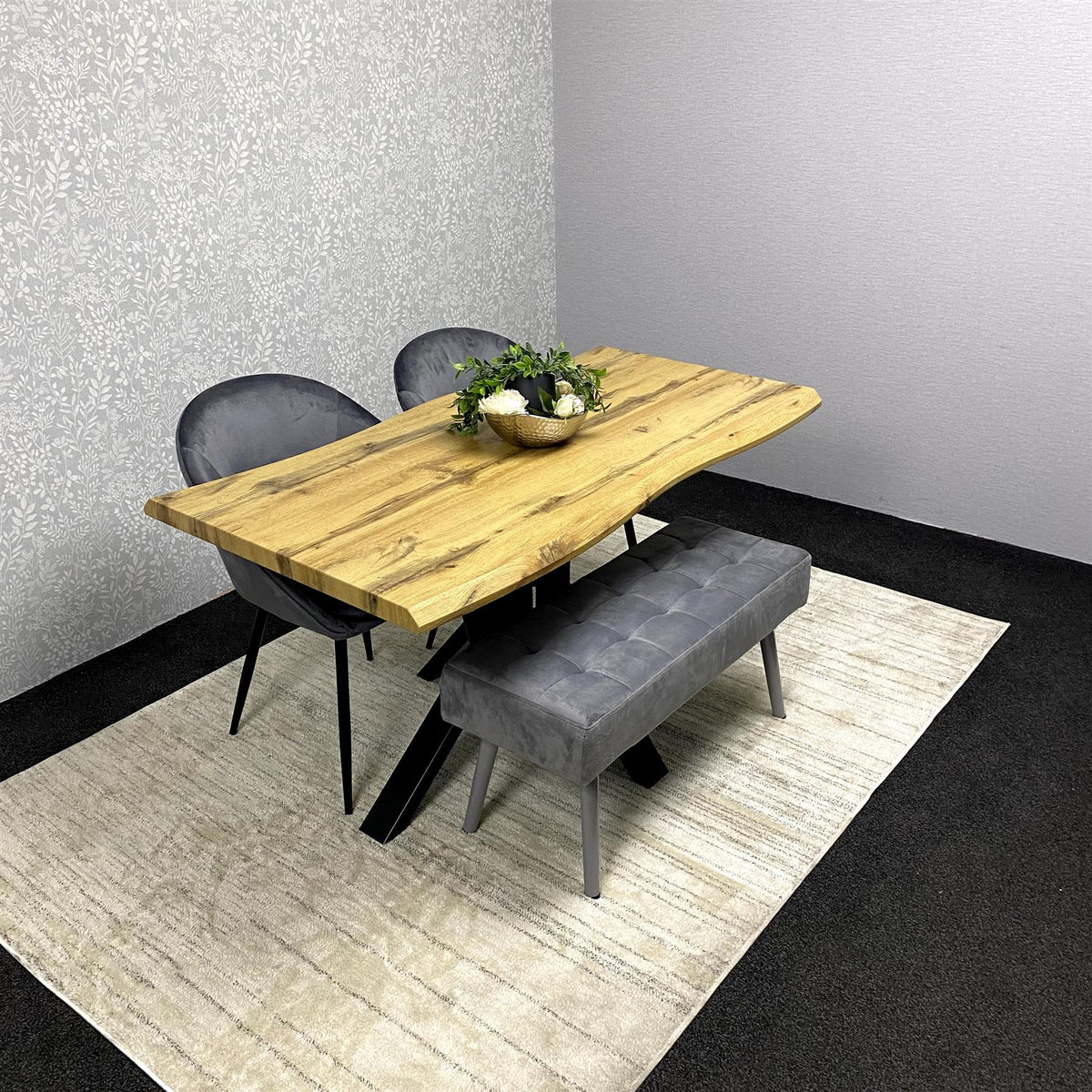 Black Marble Effect Dining Table with 6 Tufted Black Velvet Chairs – Tempered Glass Top with Metal Legs – Elegant Modern Dining Room Furniture Set