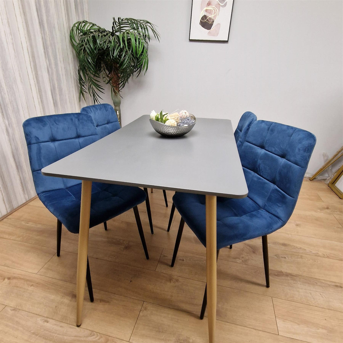 Wooden Dining Table Set for 4 Grey Wooden Table and 4 Blue Velvet Chairs