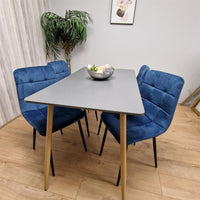 Wooden Dining Table Set for 4 Grey Wooden Table and 4 Blue Velvet Chairs
