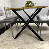 Modern Dining Table Set with  4 Grey Velvet Chairs – Wood Effect Tabletop with X-Shaped Metal Legs – Stylish Kitchen or Dining Room Furniture