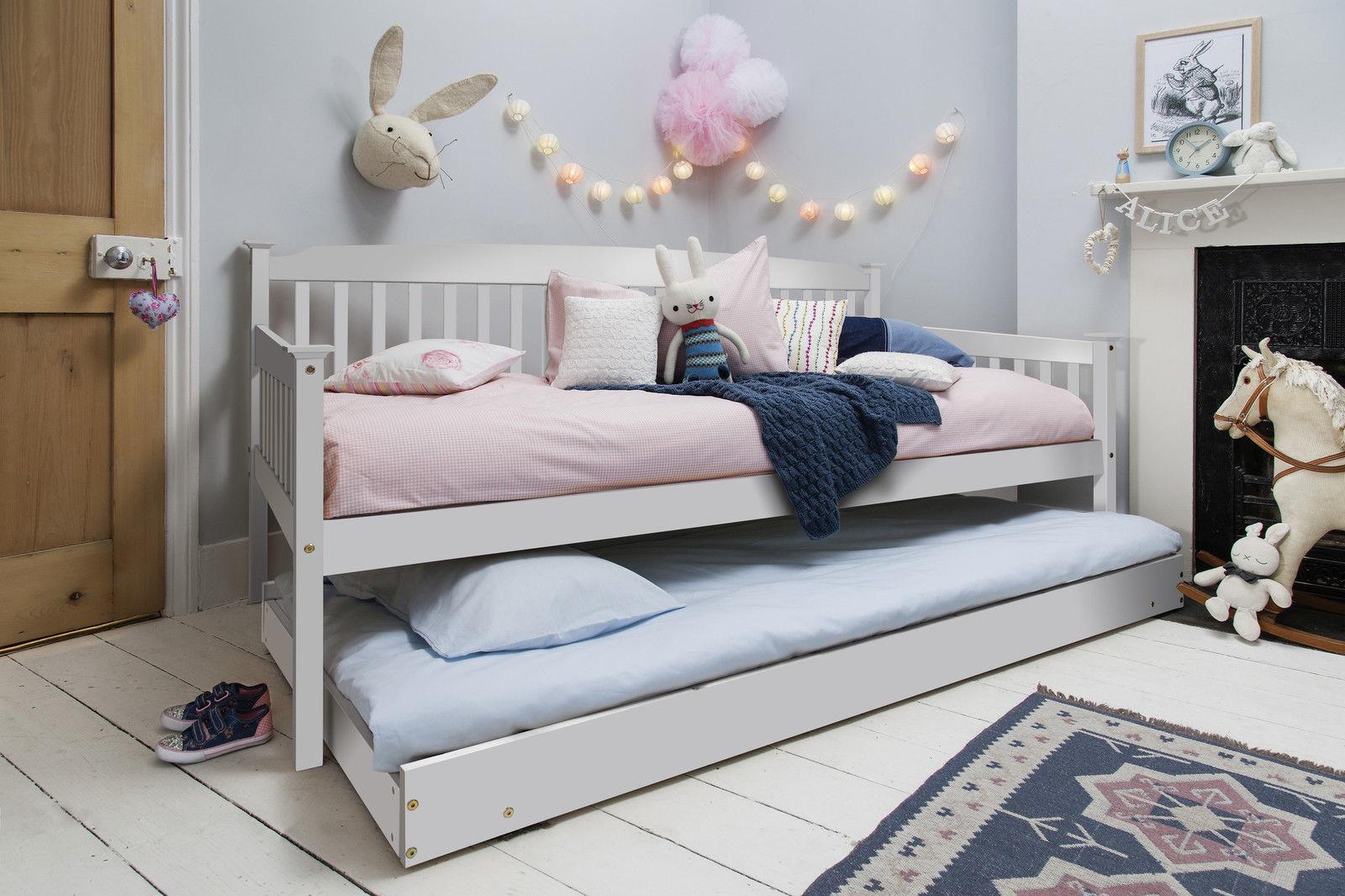 Daybed With Pull Out Trundle White 3ft Single Wooden Pine Guest Room Bedroom