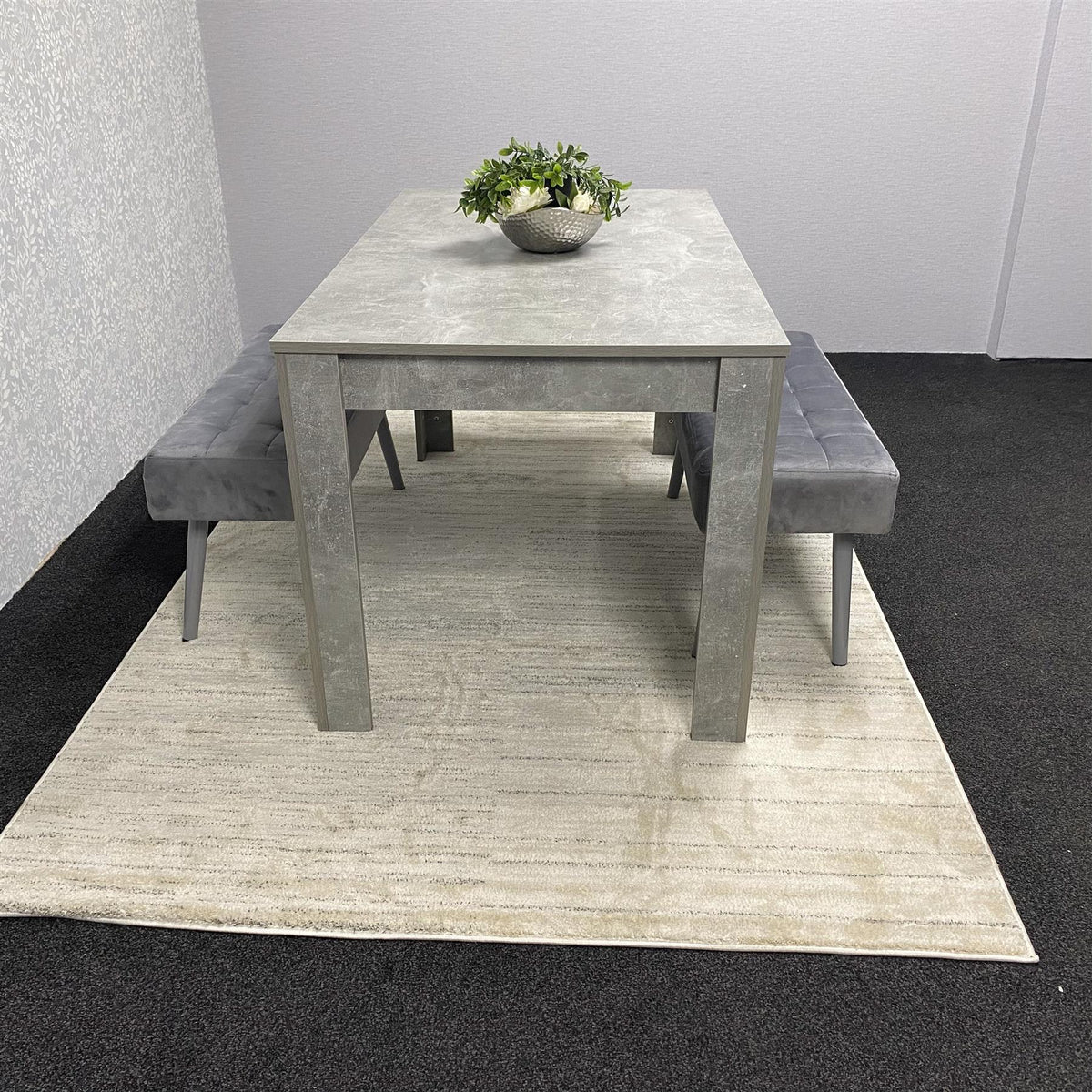 Grey Wooden Dining Table Set and 2 Benches with Metal Legs – Dining Kitchen Room Furniture