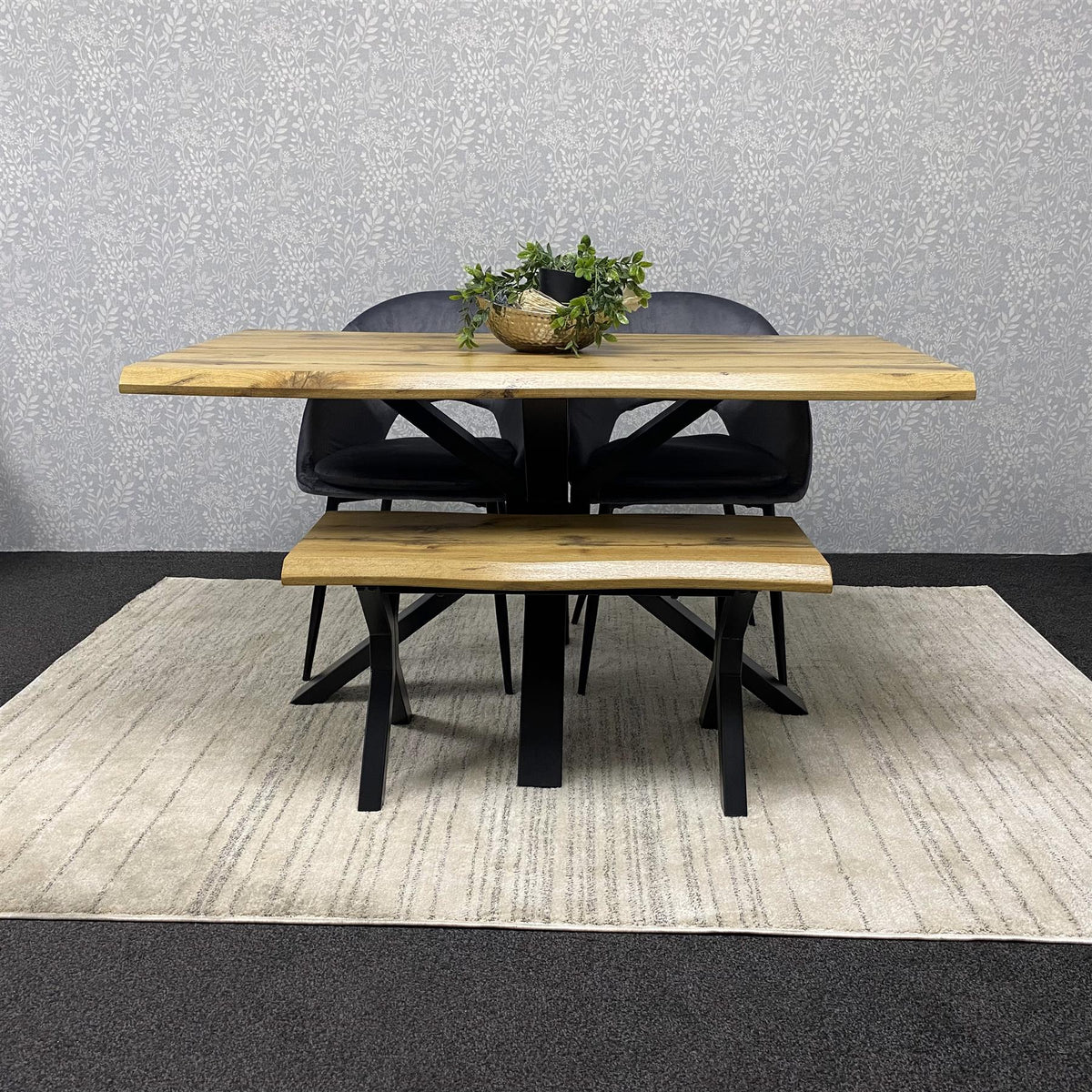 Brown Wooden Dining Table with 2 Grey Chairs and Bench - Dining Kitchen Room Furniture