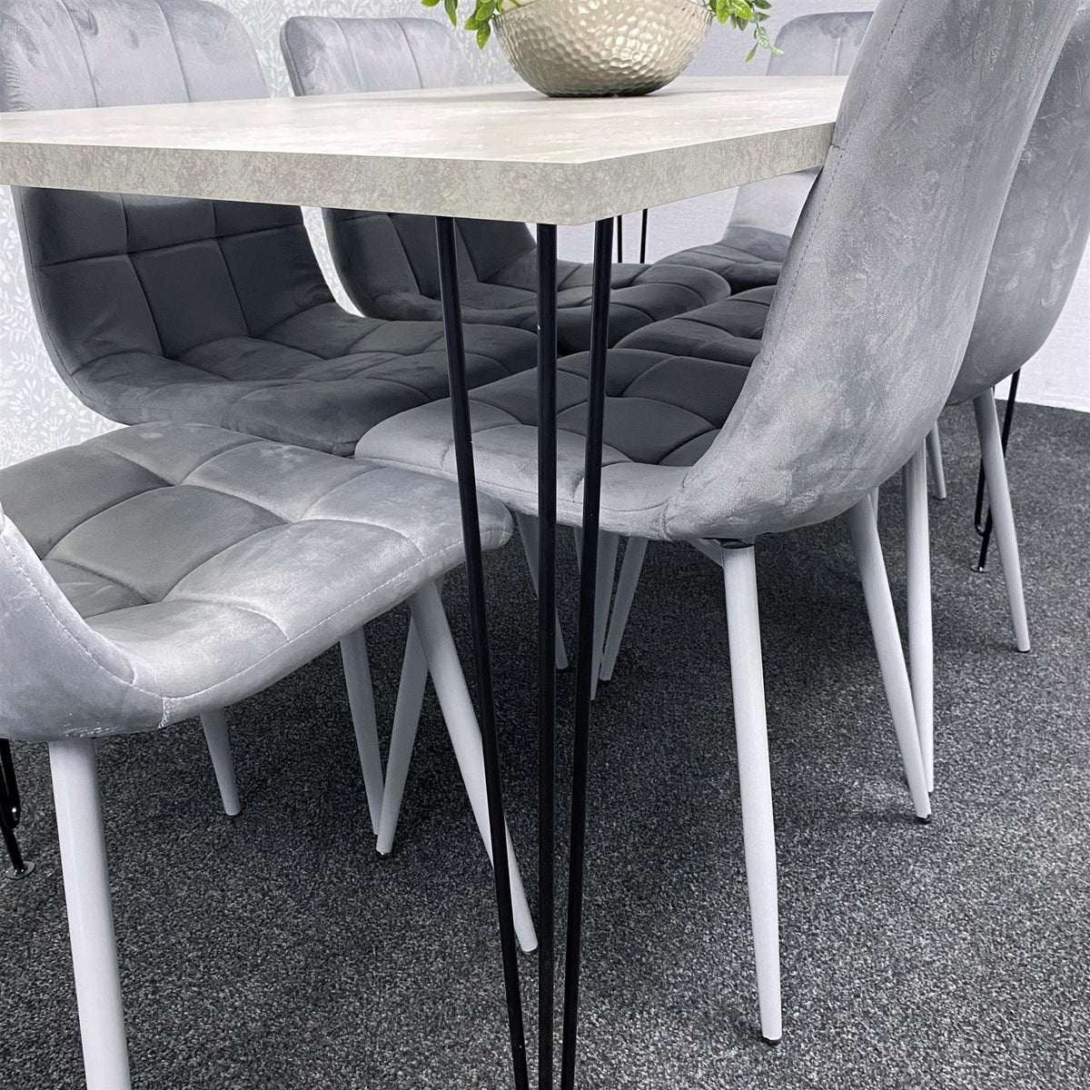 Grey Dining Table with Hairpin Legs, Bench & 4 Grey Velvet Chairs Set for Kitchen & Dining Room