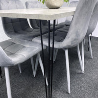 Grey Dining Table with Hairpin Legs, Bench & 4 Grey Velvet Chairs Set for Kitchen & Dining Room