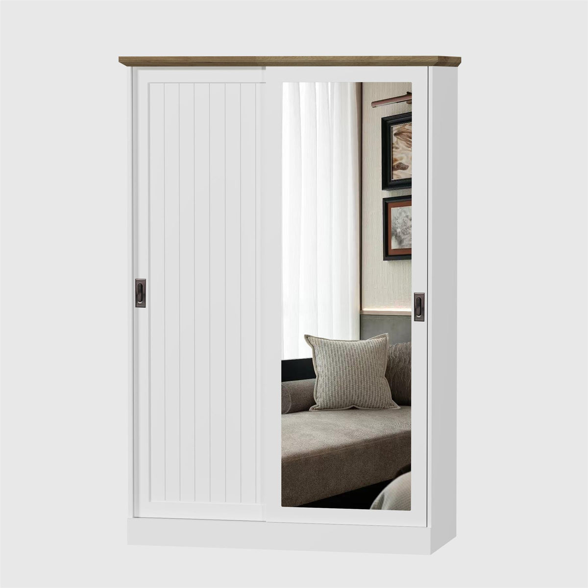 Wardrobe with Sliding Door and Full Length Mirror White and Wood Top Finish for Bedroom