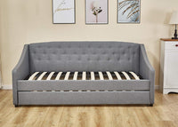 Daybed with Trundle Grey 3ft Single with 2 Mattresses Fabric Tufted Wooden Bedroom