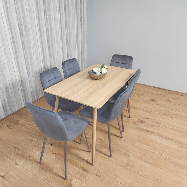 Beige Oak Design Dining Table Set with Velvet Chairs & Metal Legs