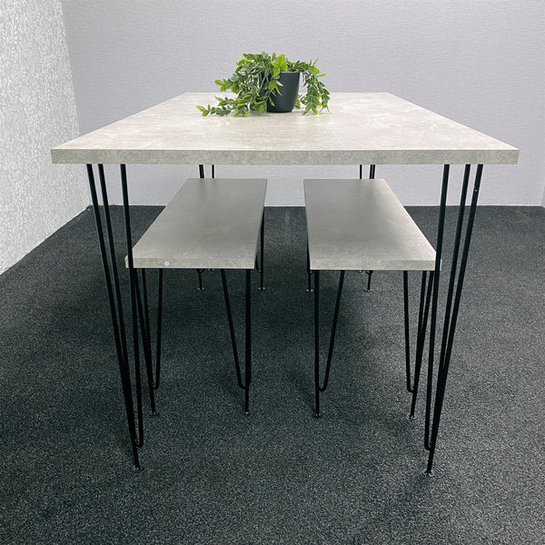 Grey Dining Table with Hairpin Legs & 2 Matching Benches Set for Kitchen & Dining Room