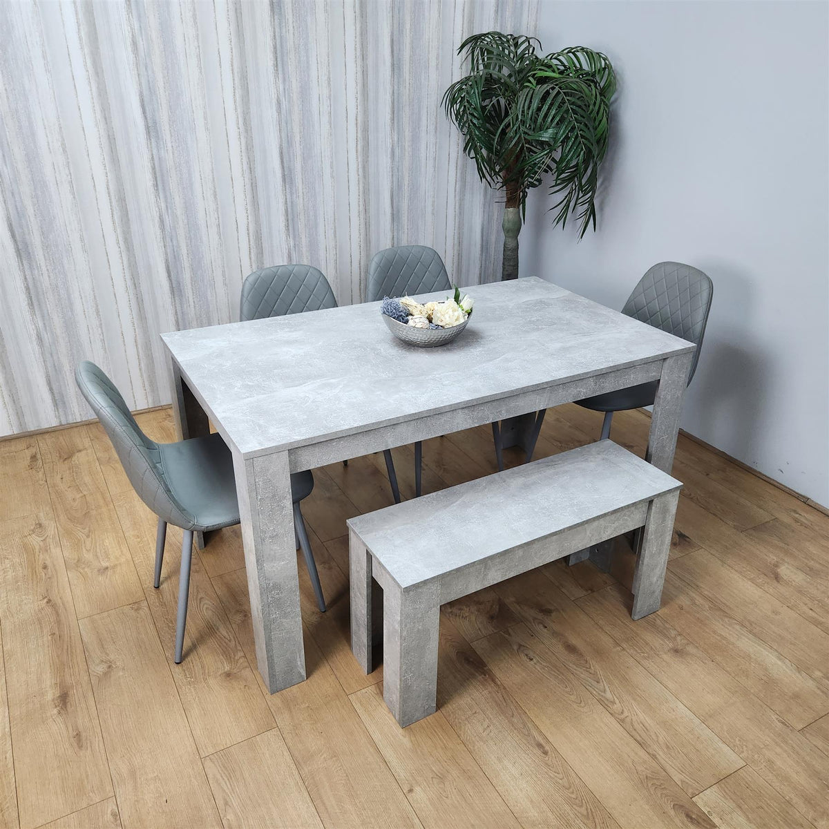 Wooden Rectangle Dining Table Sets with Set of 4 Chairs, a Bench, Grey