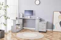 Grey Office Desk L-shaped with Grey Velvet Upholstered Chair and Storage Drawers