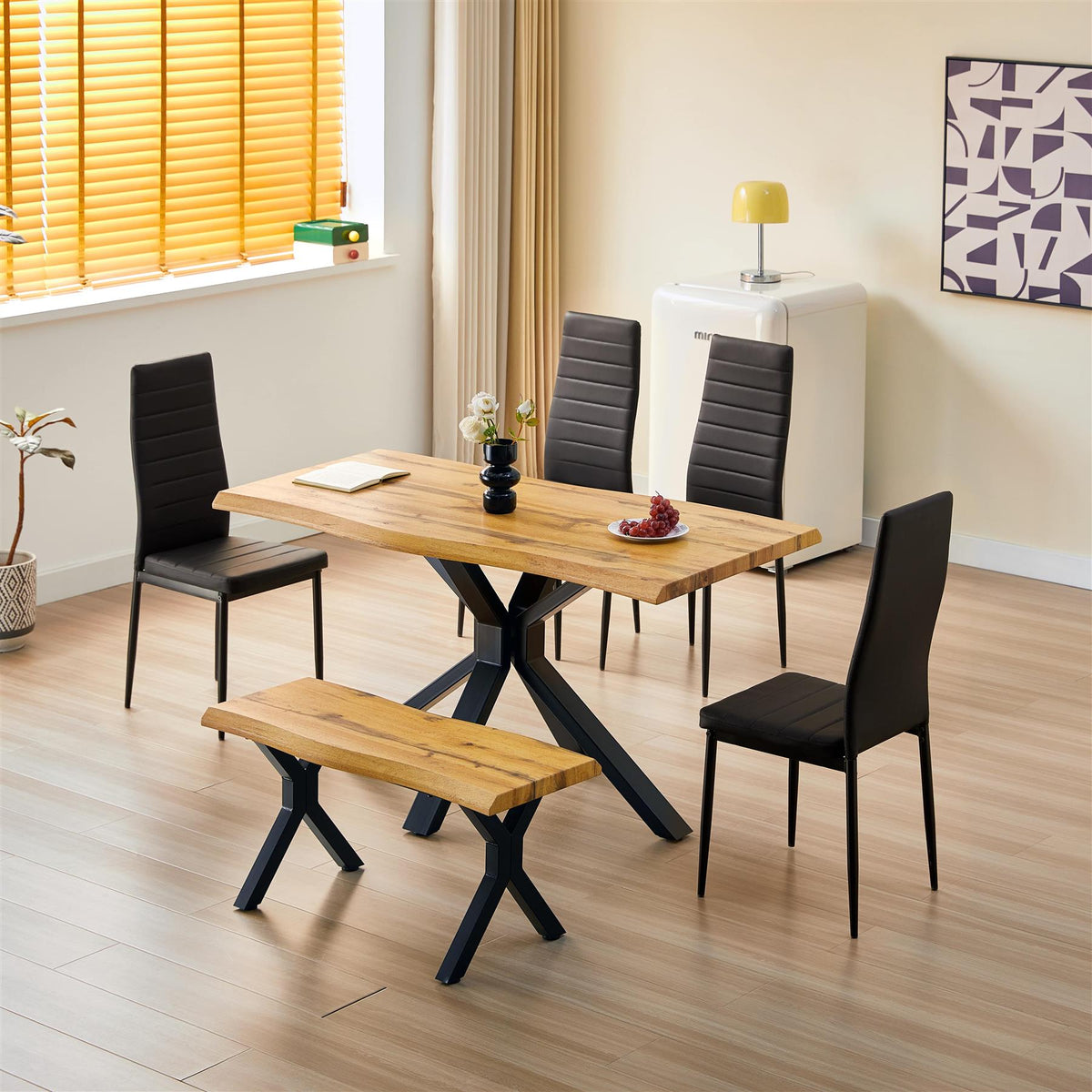 Brown Wooden Dining Table X-Shaped Legs with 4 Black Leather Chairs and Bench - Dining Kitchen Room Furniture