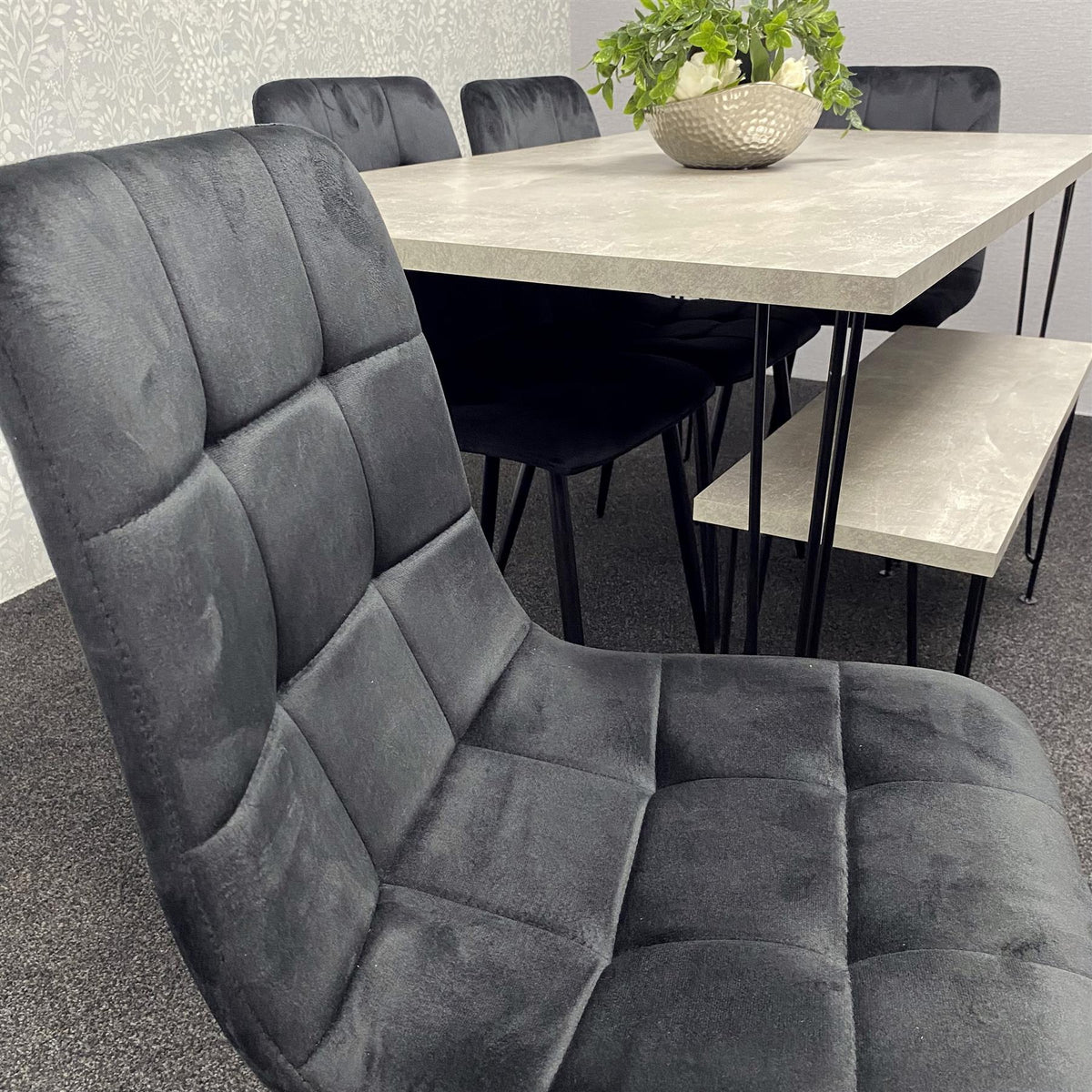 Grey Dining Table with Hairpin Legs, Bench & 4 Black Velvet Chairs Set for Kitchen & Dining Room