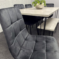 Grey Dining Table with Hairpin Legs, Bench & 4 Black Velvet Chairs Set for Kitchen & Dining Room
