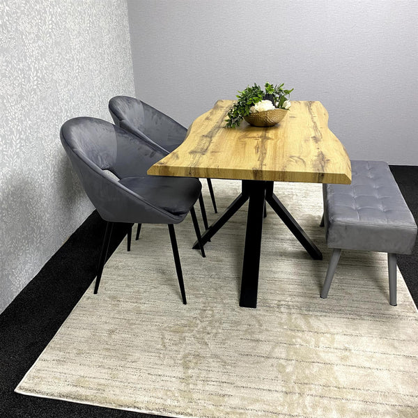 Wooden Dining Set with 2 Grey Velvet Chairs and 2 Wooden Benches