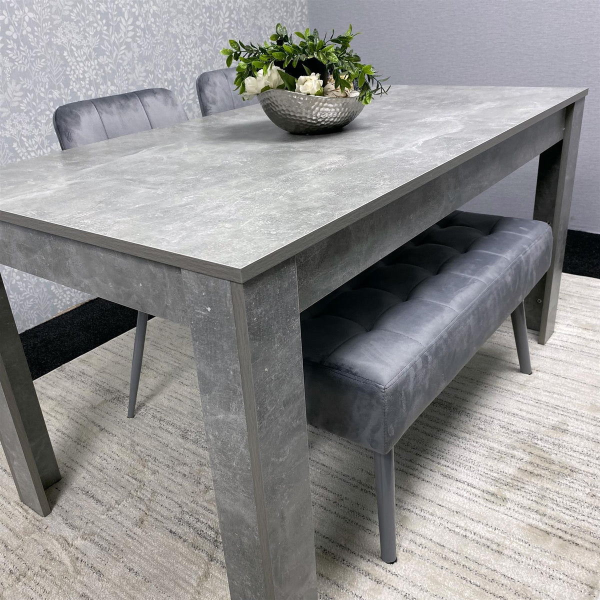 Grey Wooden Dining Table Set with 2 Grey Chairs and 1 Bench - Dining Kitchen Room Furniture