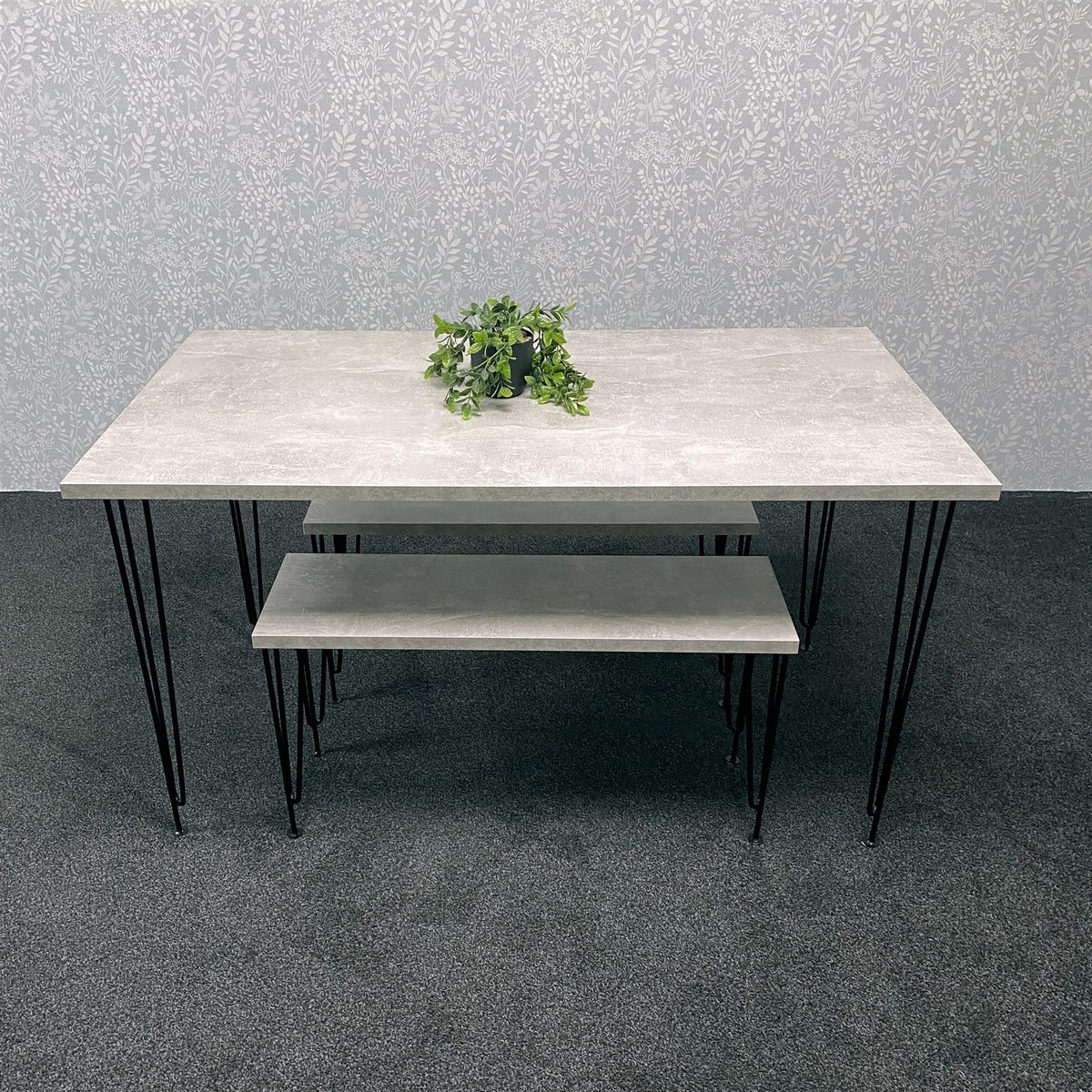 Grey Wooden Dining Table Hairpin Legs with 2 Benches - Dining Kitchen Room Furniture