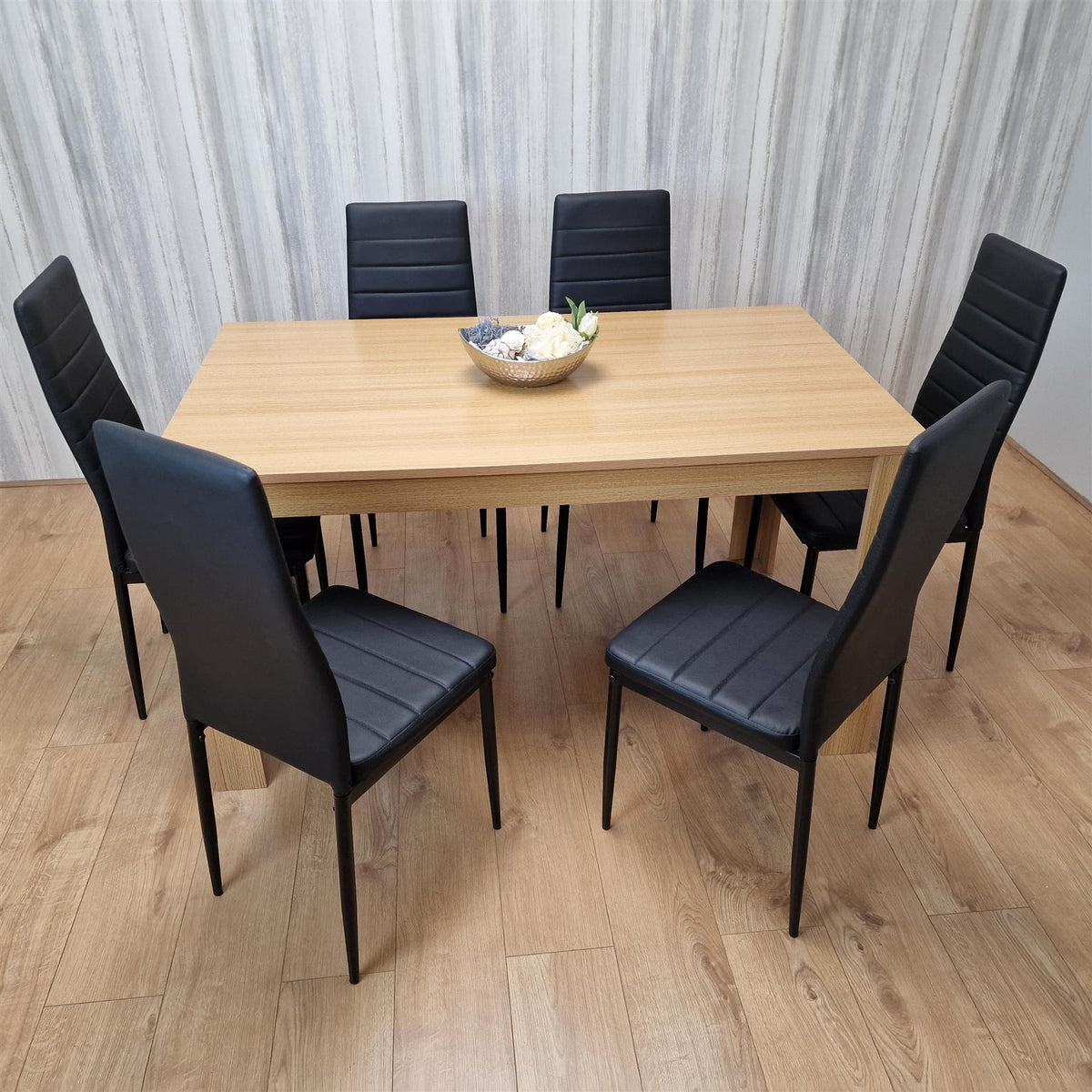 Dining Set of 6 Dining Table and 6 Black Faux Leather Chairs Dining Room Furniture