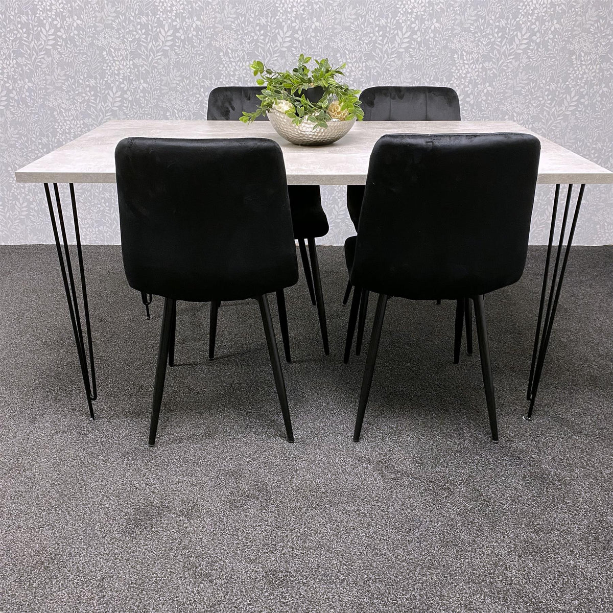 Grey Dining Table with Hairpin Legs & 4 Black Velvet Chairs Set for Kitchen & Dining Room