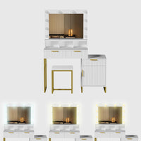 Dressing Table Set with Bulb Lights Mirror, Storage Cabinet and Stool - White and Gold - Hollywood Style