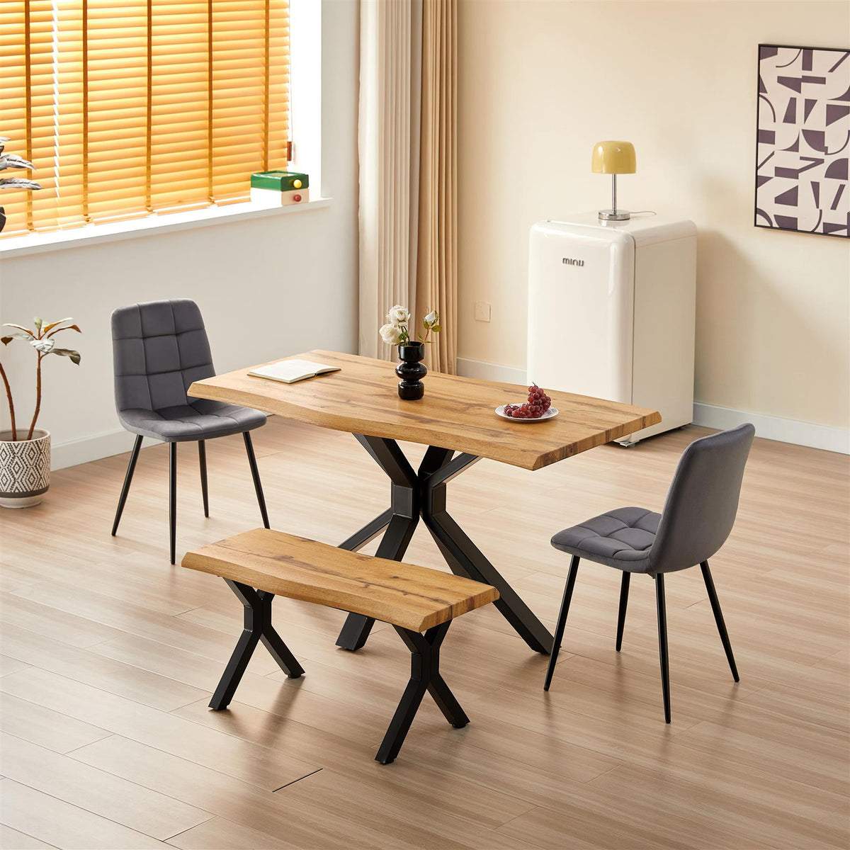 Brown Wooden Dining Table X-Shaped Legs with 2 Grey Velvet Chairs and Bench - Dining Kitchen Room Furniture