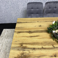 Modern Dining Table Set with Padded Bench and 2 Grey Velvet Chairs – Wood Effect Tabletop with X-Shaped Metal Legs – Stylish Kitchen or Dining Room Furniture
