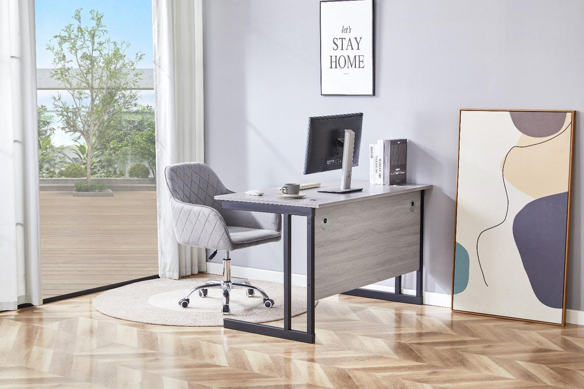 Grey Office Desk with Grey Velvet Upholstered Chair and Matching Drawer Unit