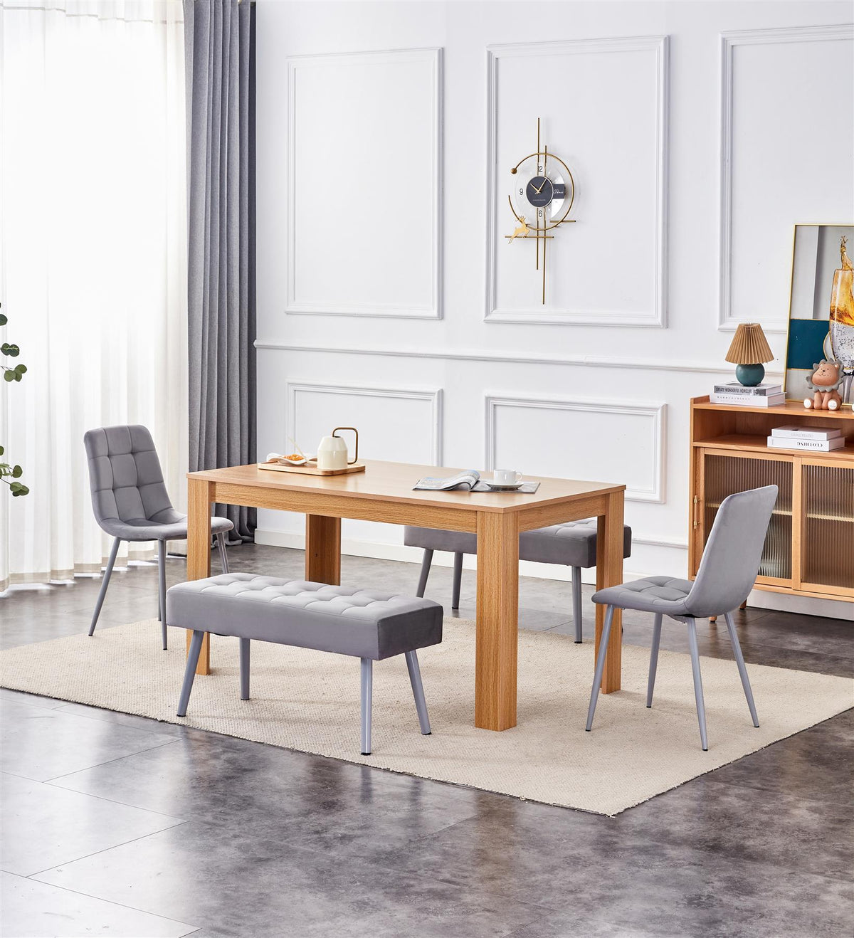 Dining Table and 2 Chairs With 2 Benches Oak Effect Wood Table 2 Grey Velvet Chairs Dining Room