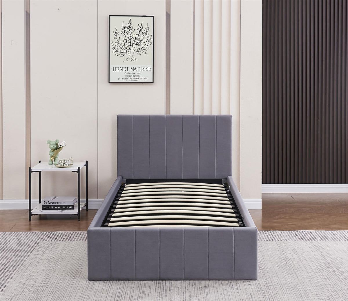 Ottoman Bed Gas Lift Storage Grey 3ft Single Line Pattern Velvet Pine Wood Bedroom