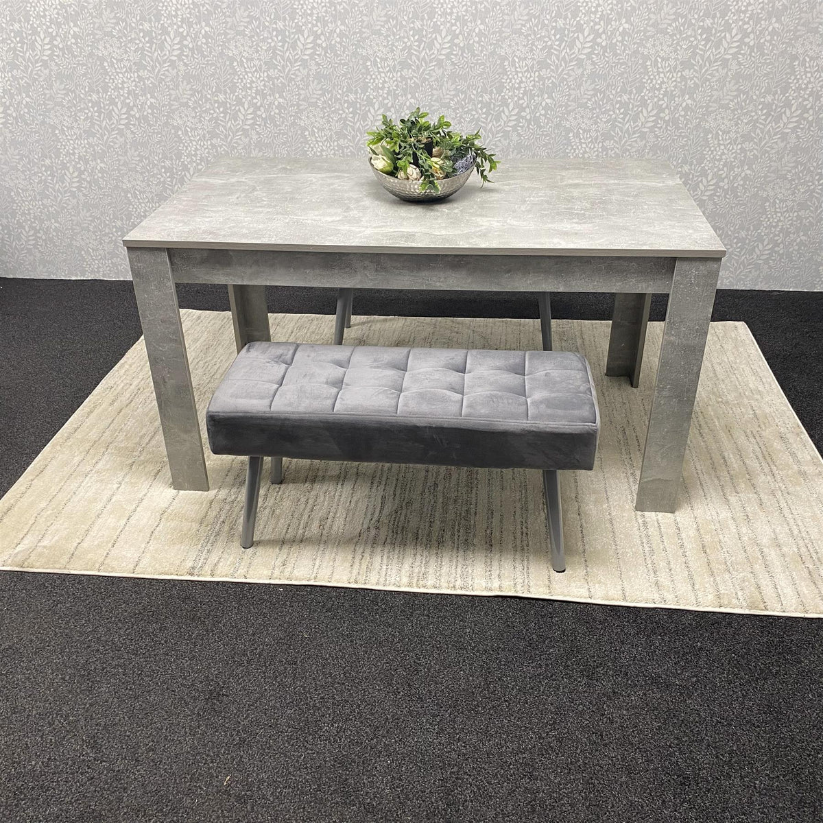 Grey Wooden Dining Table Set and 2 Benches with Metal Legs – Dining Kitchen Room Furniture