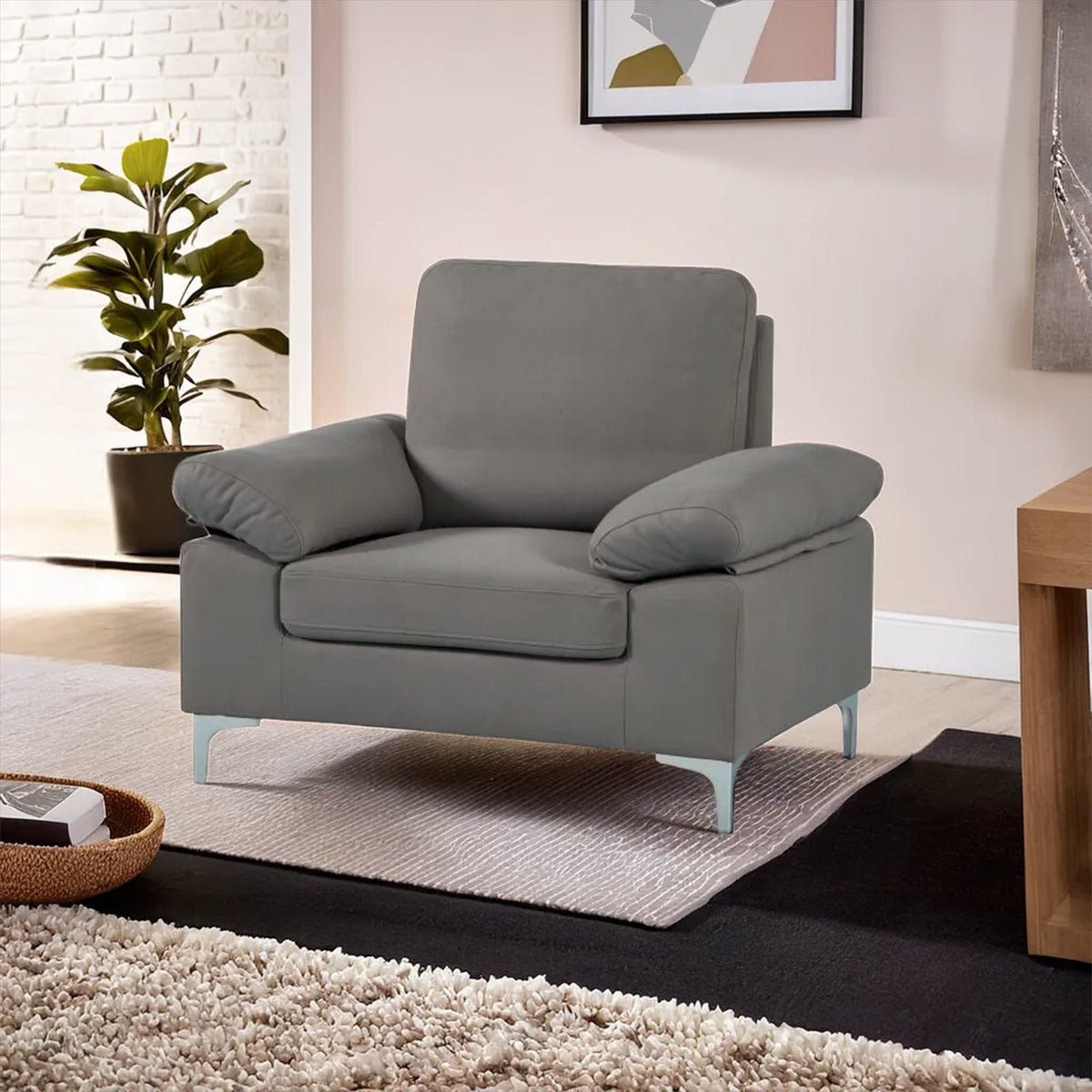 Modern Grey Fabric One Seater Sofa with Chrome Feet - Comfortable Couch with Cushion for Living Room, Bedroom or Office