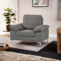 Modern Grey Fabric One Seater Sofa with Chrome Feet - Comfortable Couch with Cushion for Living Room, Bedroom or Office