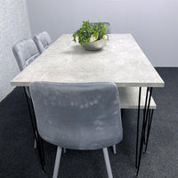 Grey Dining Table with Hairpin Legs, Bench & 4 Grey Velvet Chairs Set for Kitchen & Dining Room